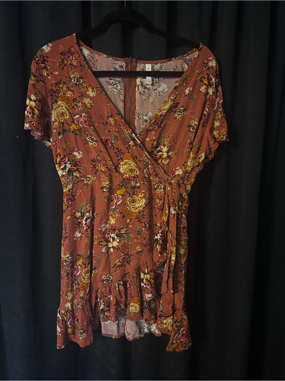 Xhilaration Rust Floral Wrap Tunic with Tie Waist